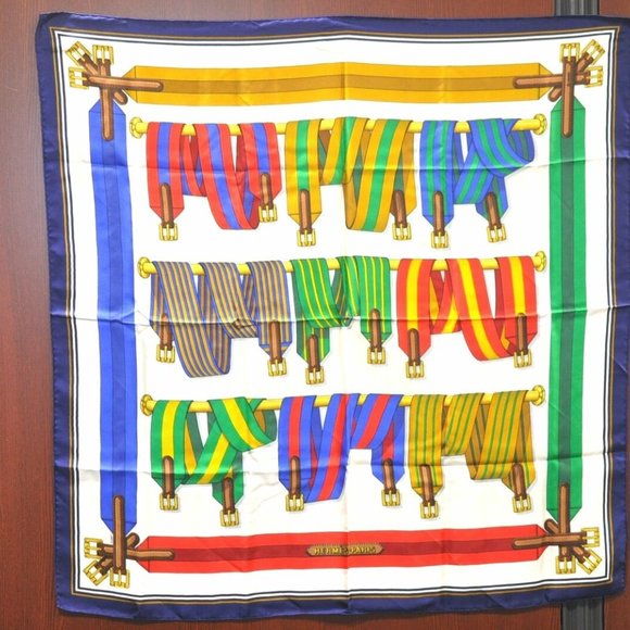 Authentic HERMES Carre 90 Scarf Suspenders Motif Silk Blue - Picture 1 of 14